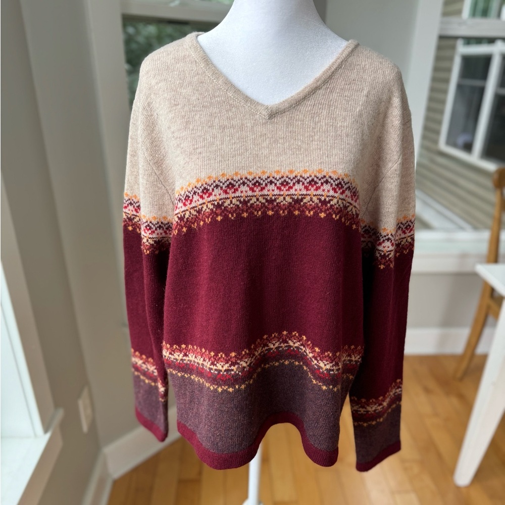 Vintage Cream and Burgundy V-Neck Sweater